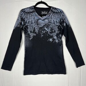 Vtg Y2K Archaic Affliction Shirt Top Women XL Black Wings Stars Grunge Goth NWOT